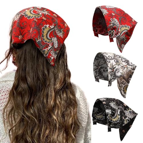 HAIMEIKANG 3 Count Women's Floral Boho Vintage Triangle Scarf Hairbands (Black+White+Red) - color: Black+White+Red