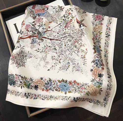 JERLA 100% Pure Mulberry Silk Square Scarf for Hair-27''x27'' Women Men Natural Silk Neckerchief Headscarf - color: Flowers and Birds Pink