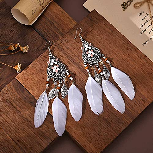 Bohemian Earrings Feather Tassel Silver Ethnic Retro Boho Dangle Earring Bead Women Jewelry for Birthday Party Gifts (White) - color: White