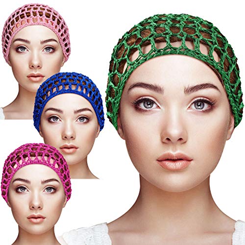 Geyoga 4 Pieces Mesh Crochet Hair Net Rayon Knit Snood Hat Thick Short Women Hairnet Snoods Cover Ornament for Sleeping (Pink, Rose Red, Green, Royal Blue) - color: Pink, Rose Red, Green, Royal Blue