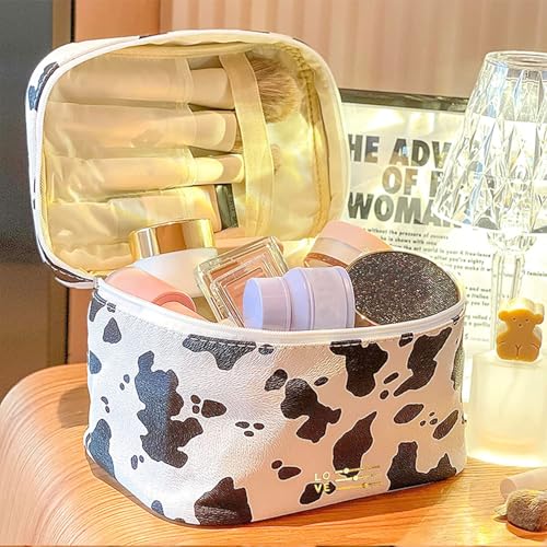 Meiyuuo Makeup Bag Large Cosmetic Bags for Women Girls Cute Travel Zipper Pouch Toiletry Organizer for Beauty Essentials Waterproof (Cow Print) - color: Print Cow Spots