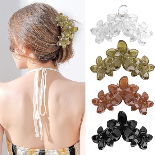 ANBALA 4Pcs Flower Hair Clips for Women Girls Neutral Color Hawaiian Flower Claw Clips for Thick Hair Non Slip Strong Hold Beach Accessories - color: Leopard-B