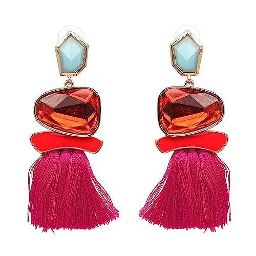 Vintage Long Tassel Drop Dangle Earrings Rhinestone Water Heart Leaf Shaped Boho Statement National Ethnic for Women Multicolor Boho Jewelry - color: Rose Red