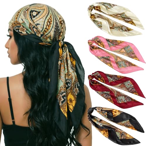 DRESHOW 35” Large Square Satin Head Scarf - 4Pcs Silk Accessories Classic Patterned Squares Beach Bandanas for Women - color: 4 Pcs: Pink, Black, Red, Beige