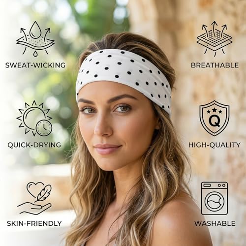 6PCS Polka Dot Fabric Headbands, Soft Stretchy Headbands, Wide Polka Dot Headband, for Running, Yoga, and Everyday Wear (Black, White, Red, Navy Blue)
