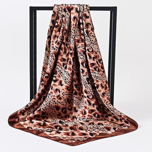 Leopard Print Head Scarf for Women Like Silk Satin Scarf for Hair Wrapping at Night Bandana Square Scarf 35 Inches - color: Dark Brown Leopard