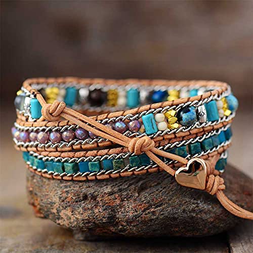 Women Wrap Bracelet Boho Natural Jasper Crystal Stone Beads Strand Bracelets - color: Purple