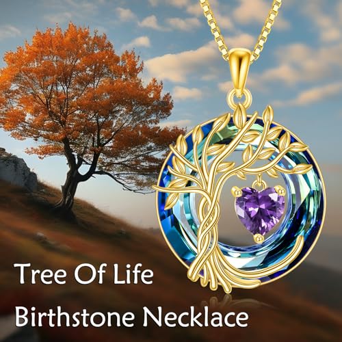 POPLYKE Mothers Day Gifts for Mom Her Wife Tree of Life Necklace 925 Sterling Silver Birthstone Pendant with Crystal Anniversary Birthday Wedding Jewelry for Women - color: 02-Feb-Amethyst, style: 18K Gold Plated-Blue Crystal