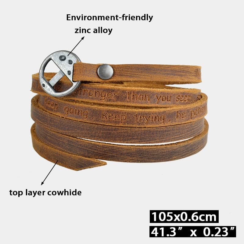 Rantanto Genuine Leather Wrap Bracelets Trendy Western Stackable Cuff Adjustable Boho Layered Bracelet Jewelry For Men Women - color: Brown--Never Give Up