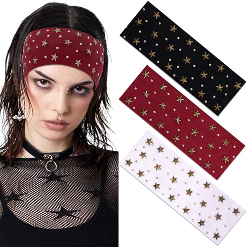 3Pcs Short Headbands for Women Punk Star Studded Hair Bands Y2K Non-Slip Elastic Hear Wraps Rhinestone Headbands Sport Workout Rock Hair Scarf Accessories for Girls - color: Black+White+Red+Star