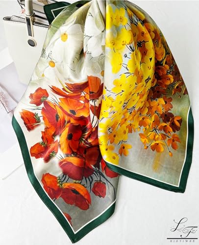 Hioyiwse Head Scarf For Women Hair Bandana 35" Large Square Satin Wrap Sleeping Neck Silk Satin Hair Scarves Lightweight - color: F18-tetrachromic Flower(35*35inch）
