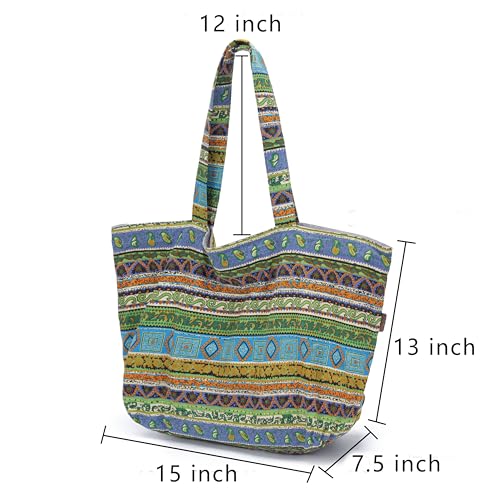 OPQRSTU Women Hippie Tote Hand Bag Large Capacity Bohemian Bag Portable Tourist Shoulder Bags - color: Green