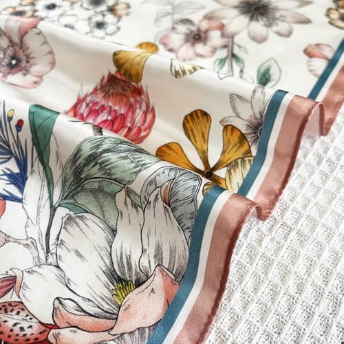FONYVE 100% Mulberry Silk Scarfs for Women-Lightweight Square Satin Head Scarf-Small Silk Hair Scarf for Sleeping 21"x21" - color: 20 Pink Flower