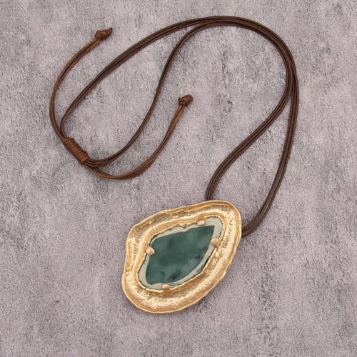 GelConnie Leather Necklace for Women Large Pendant Long Brown Necklace Circle Leather Choker Vintage Sweater Necklace Gold Chunky Boho Necklaces for Women - style: Chunky Boho Long Necklace