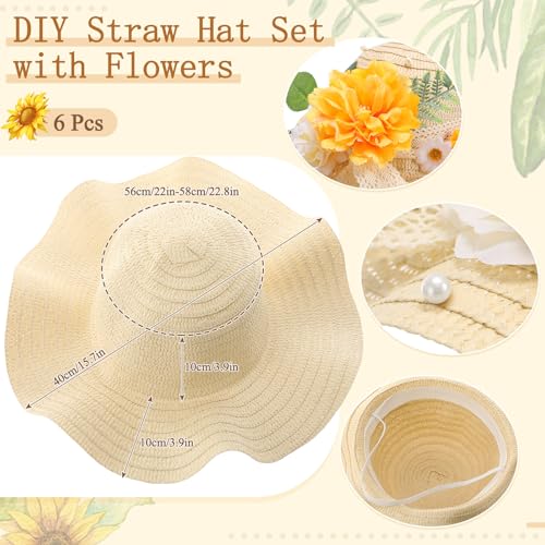6 Sets DIY Tea Party Straw Hats Kit DIY Straw Hat for Women Blank Sun Hats - style: Boho Ribbon