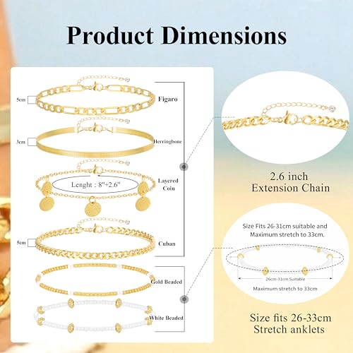 FAXHION Gold Anklets for Women Waterproof, Adjustable Boho Stacking Dangle Coin White Bead Cuban Link Chain Anklets Set, Summer Layered Beach Jewelry Gift for Women - color: Gold-Cuban Chain & Coin