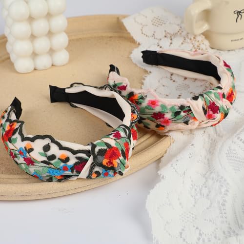 TURTLEDOVE 2 PCS Celtic Flowers Embroidered Headbands, White with Multicolor Flowers, Knotted Design, Wide Fashion Hair Accessory - color: White