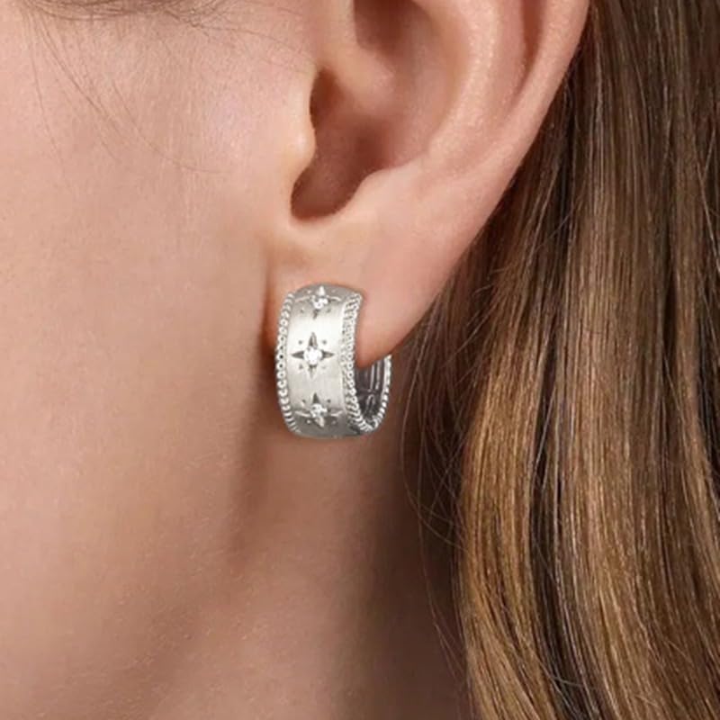 Vintage Star Zirconia Chunky Hoop Earrings for Women Wedding Daily Party Earrings Jewelry Gift - color: silver