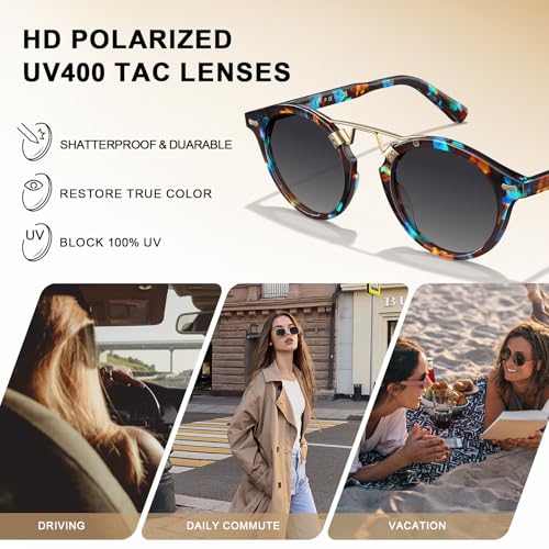CARFIA Double Bridge Small Acetate Sunglasses for Women Polarized, Retro Metal Brow Ladies Sunnies Fashion Round Eyewears - color: 8. Blue Floral Tortoise Frame Gradient Grey Lens