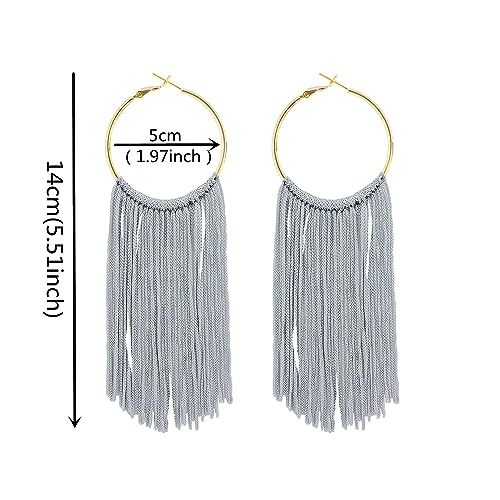 Boho Long Tassel Dangle Earrings for Women Lightweight Circle Hoop Silky Thread Fringe Drop Statemen Earrings - color: grey