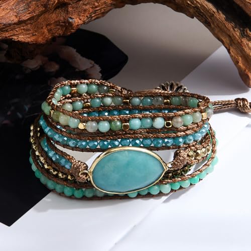 Women Wrap Bracelet Boho Natural Jasper Crystal Stone Beads Strand Bracelets - color: Amazonite #2