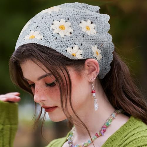 DRESHOW Floral Crochet Hair Bandana Tie Knotted Headscarf Vintage Headband Knitted Head Kerchief for Women Girls - color: 2 Pcs Floral Crochet (Sun Flowers + Strawberries)
