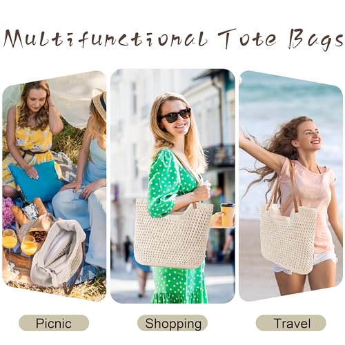 Crochet Beach Bag, Woven Tote Bag, Boho Bags for Women,Summer Purse with Zipper & Pocket - color: Beige