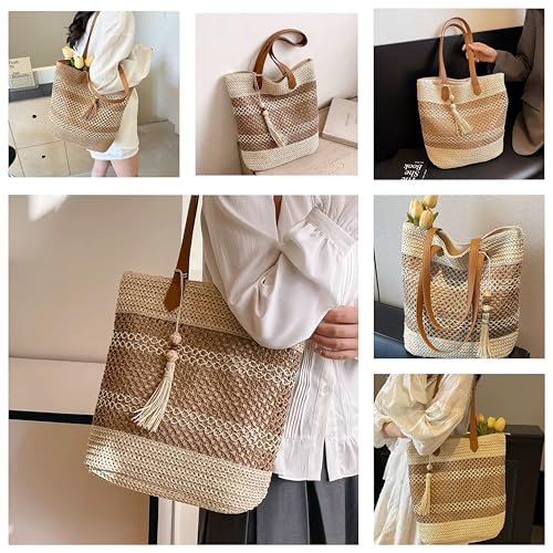 Aphoraeny Straw Beach Bag Buckets Totes Handbag Shoulder Tote Bag Straw Purse Summer Purse Women Summer Handbag - color: B-beige Stripes