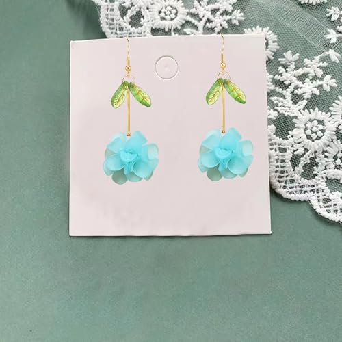 Resin Flower Cluster Ball Dangle Drop Earrings for Women Spring Summer Bohemian Floral Petal with Green Leaf Earrings Vacation Party Jewelry - color: Light Blue