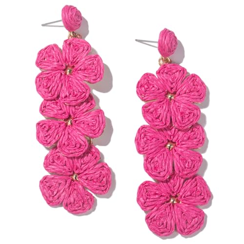 Boho Flower Earrings Statement Raffia Dangle Earrings Cute Floral Jewelry Trendy Summer Beach Vacation Outfits for Women - color: Rose-2