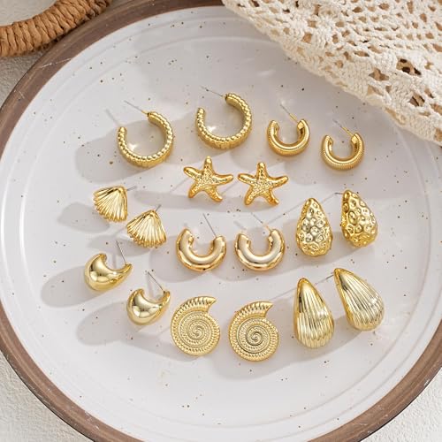 12 Pairs Chunky Gold Hoop Earrings for Women Trendy, Gold Plated Lightweight Hypoallergenic Stack, Thick Open Twisted Huggie Hoops Earring Set - color: 12 Pairs Gold Thick