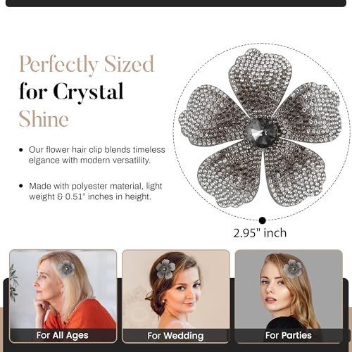 2.9 Inches Created Crystal Hibiscus Hawaiian Flower Hair Clips for Women | Boho Braids Artificial Flower Clips for Hair - color: Grey