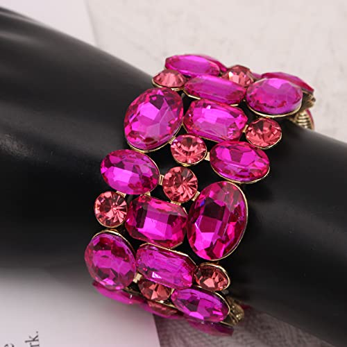 Women’s Wedding Bridal Crystal Leaf Flower Stretch Bangle Elastic Wide Bracelet Jewelry for Brides Bridesmaid - color: Rose Red-Gold Plated
