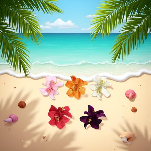 Bohemian Hawaiian Hibiscus Hair Clips and Barrettes in Colors - 5 Pcs Artificial Flower Hairpins for Seaside Holiday, Bridal Headwear