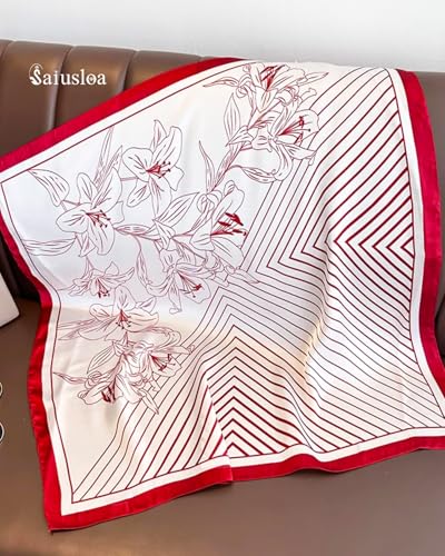 Saiusloa Neck Scarf For Womens Silky Head Scarves Hair Bandanas Square Scarf Fashion Accessories lightweight - color: 32-red and White Stripes