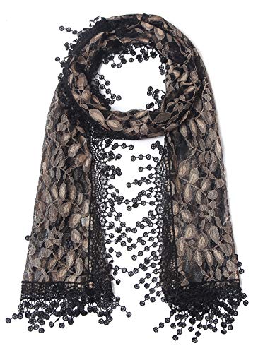 Cindy & Wendy Lightweight Soft Leaf Lace Fringe Scarf Bridal Shawl for Women - color: Black & Coffee