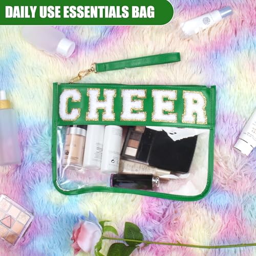 BuyCard Cheer Chenille Letter Bags Clear Makeup Bag, Cheerleader Gifts Cosmetic Bag, Varsity Preppy Patch Flat Pouch Cheer Accessories, Waterproof PVC Organizer Toiletry Bag for Women Girls Green - color: Green-Cheer
