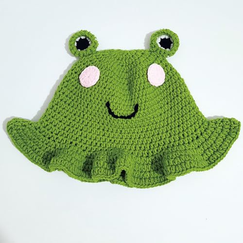 KORADI Womens Crochet Bucket Hat Ruffled Brim Knitted Hats Winter Boho Handmade Caps - color: Green-frog