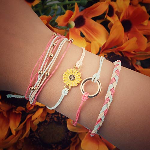 FANCY SHINY Easter Gifts Basket Stuffers Sunflower String Bracelet Boho Braided Rope Wrap Bracelets Cute Summer Beach Surfer Jewelry for Women - color: Rouge