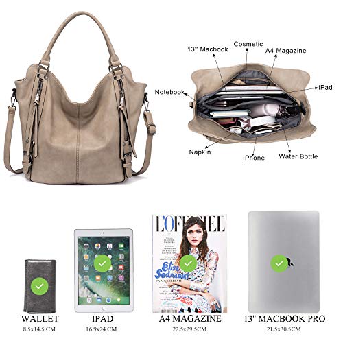 Tote Bag for Women PU Leather Shoulder Bags Fashion Hobo Bags Large Purse and Handbags with Adjustable Shoulder Strap - color: Khaki