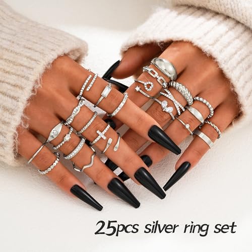 FAXHION 25 PCS Gold Stackable Rings Set for Women, Simple Twist Knuckle Finger Ring Trendy, Dainty Stacking Statement Thumb Rings Pack Jewelry Gift - color: A-silver