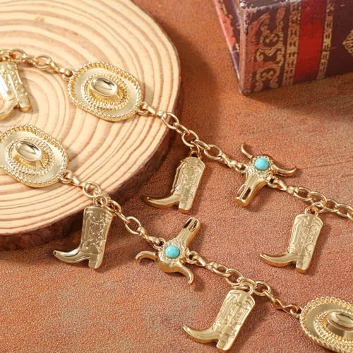 XZQTIVE Women Boho Chain Belts For Dresses Jeans Western Cowgirl Waist Links Belt Adjustable Metal Concho Belt - size: Fit Waist upto 36inches, style: Bull Buckle Gold