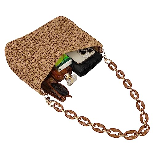 Women Straw Small Crossbody Bag Handmade Woven Shoulder Handbag Summer Beach Purse with Guitar Strap | Straw - color: Brown