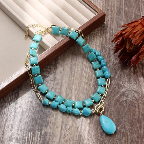 INENIMARTJ Gold Turquoise Necklace for Women Boho Turquoise Pendant Necklace Gold Chain Turquoises Necklaces Trendy Western Turquoises Jewelry for Womens - style: style F