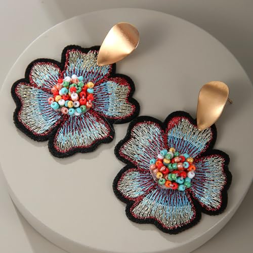 Boho Floral Embroidered Earrings with Colorful Bead Accents and Crystal Center for Women - color: Light Blue