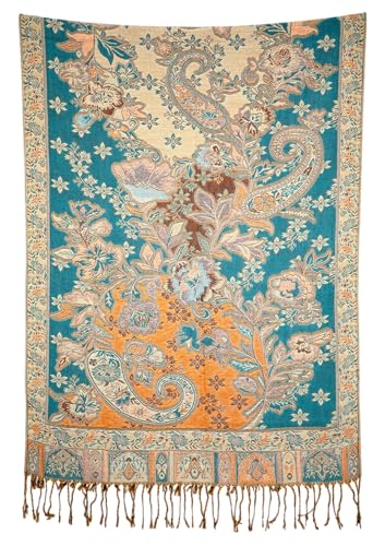 Achillea Elegant Paisley Floral Pashmina Shawl and Wrap – Boho Rave Scarf for Festival, Travel & Everyday Wear - color: Teal Dark Amber