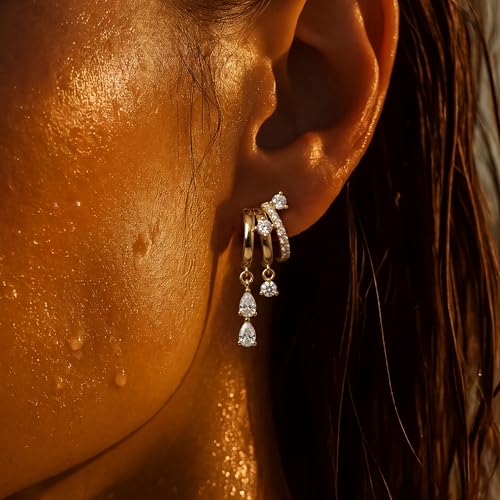 Triple Huggie Stacked Earrings for Women Gold Chain Drop Dangle Earrings Cute Statement CZ Earrings Trendy Dainty Jewelry Gift - color: Gold 6