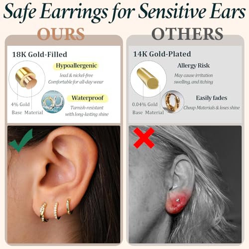 Poxtex Small Sterling Silver Huggie Hoop Earrings Set for Women, Hypoallergenic 14K Gold Plated Hoops Stacks for Multiple Piercings, Dainty Cute Mini Lightweight Cartilage Studs Trendy Jewelry Gift - color: Gold-twisted hoop