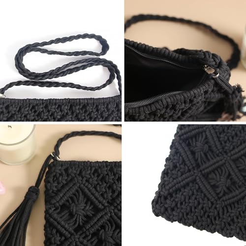 Eiyye Handmade Crochet Purse Boho Cotton Rope Crossbody Shoulder Bag with Tassel Casual Bag for Women - color: Black