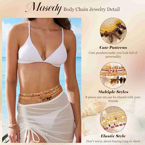 8PCS African Waist Bead Chains for Women Layered Belly Body Chain Handmade Plus Size Beaded Belly Chain Colorful Elastic Flower Butterfly Body Chains Summer Beach Bikini Body Jewelry 31-45in - style: Set A